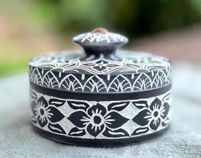 hand crafted white schist pot with lid by evens